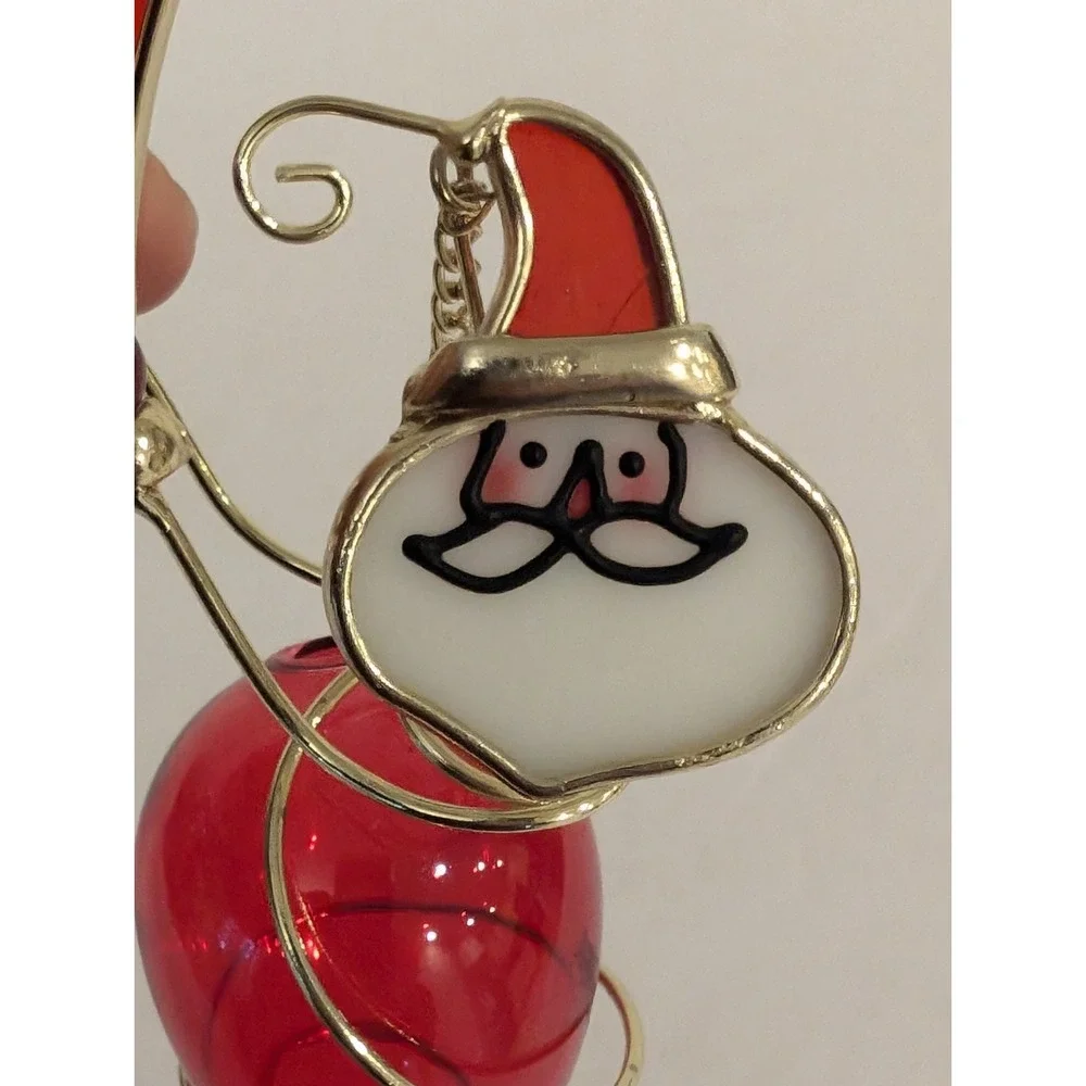 Wire Wrapped Stained Glass Hanging Santa Ornament Decor Acrylic Gold Tone 10